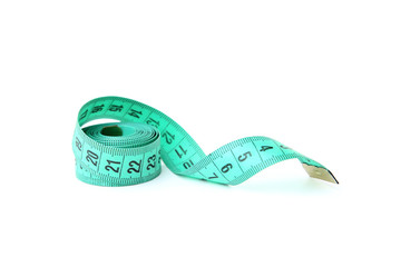 Green measuring tape isolated on white background