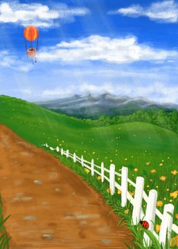 Summer landscape with meadows, forest, mountains, sky and balloon. Background. Illustration.