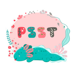 Cute Kawaii axolotl, baby amphibian drawing. Cute frame background, with elements of flora, leaves, flowers, pebbles. Lettering Psst. Flat style design. Ambystoma mexicanum