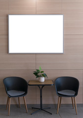 Poster Mock up with Two wooden chairs and table in empty room. 3 d rendering - Illustration - Image