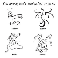 Vector illustration, set of animal deity protector designs, black and white graphics