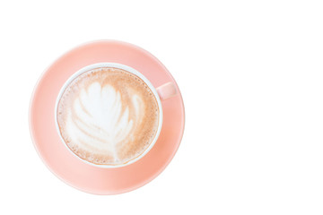 Top view. Hot coffee latte art on cup isolated white background.
