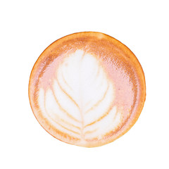 Hot coffee latte art on cup isolated white background.