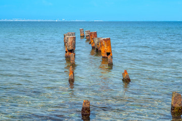 Seascape with Iron pillars that are abandoned in the Black sea