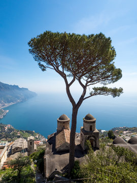 Scenic panoramic view of famous Amalfi Coast with Gulf of Salerno from Villa Rufolo gardens in Ravello, Campania, Italy. April 2019