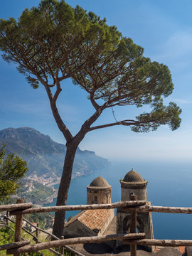 Scenic panoramic view of famous Amalfi Coast with Gulf of Salerno from Villa Rufolo gardens in Ravello, Campania, Italy. April 2019