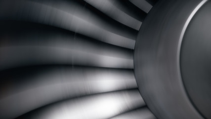 Jet engine, close-up view blades. Jet engine in motion. Part of the airplane. 3D illustration