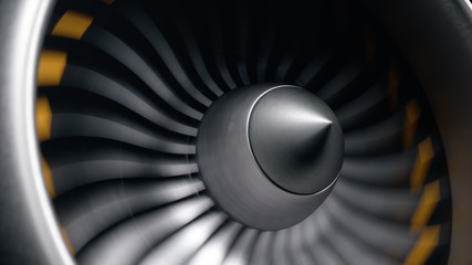 Jet engine, close-up view blades. Engine blades at the ends painted orange. Jet engine blades in motion. Part of the airplane. 3D illustration