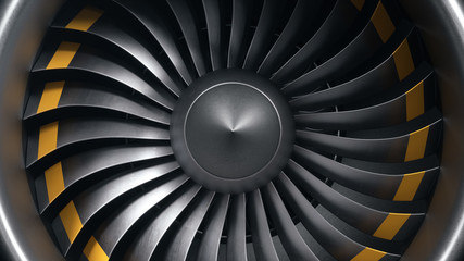 3D illustration jet engine, close-up view jet engine blades. Front view of a jet engine blades. Rotating blades of the turbojet. Part of the airplane. Blades at the ends painted orange © rost9