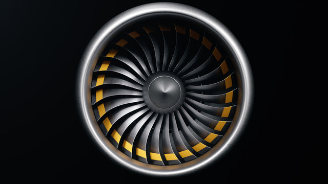 3D illustration jet engine, close-up view jet engine blades. Isolated on black background jet engine. Rotating blades of the turbojet. Part of the airplane. Blades at the ends painted orange