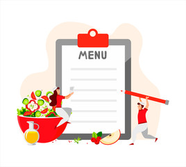 Small mini-cooks make up the menu for the day. Red pencil, menu and green salad for a healthy lifestyle. Illustration for greeting card/poster/banner template. Clipboard with checklist