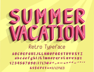 Retro 3D Alphabet. Vector layered three dimensional typeface red color. Title Summer vacation, yellow background with sunshine. English uppercase and lowercase letters, numbers, symbols