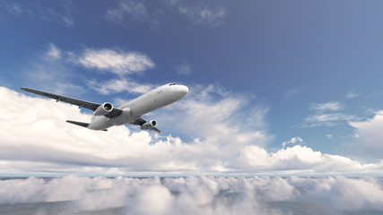 Aircraft With Cloud Blue Sky 3d Rendering Illustration 