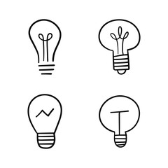 Light bulb doodles set. Hand drawn idea icons. Creativity and innovation concept.