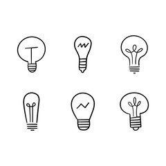 Naklejka premium Light bulb doodles set. Hand drawn idea icons. Creativity and innovation concept.