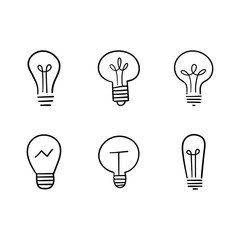 Light bulb doodles set. Hand drawn idea icons. Creativity and innovation concept.