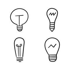 Light bulb doodles set. Hand drawn idea icons. Creativity and innovation concept.