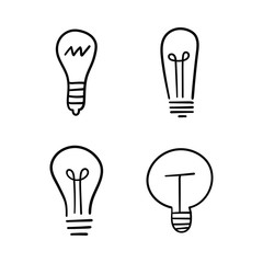 Light bulb doodles set. Hand drawn idea icons. Creativity and innovation concept.