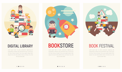 Mobile App Page Onboard Screen Set. Screens Template for Digital Library, Bookstore, Book Festival Website or Web Page. Vector Illustration. User Interface Kit in Flat Design for Literature Event.