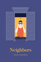 A young man from the window looking through binoculars. Neighborhood. Spy. Curious neighbor. Vector flat illustration