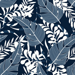 Tropical seamless pattern with bright plants and leaves on a dark background. Vector design. Jungle print. Textiles and printing. Floral background.