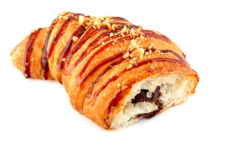 Slice croissant with chocolate isolated on white background