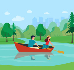 Man and woman are sailing in a boat. Vector flat illustration © lyudinka