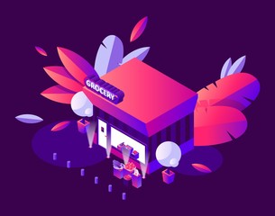 Night scene with isometric grocery shop building. Vivid gradients in purple and pink, decorative greenery and bright 3d city element