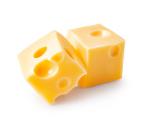 Two cheese cubes isolated on white background.