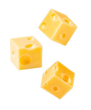 Set Of Fly Cheese Cubes Isolated On White Background.