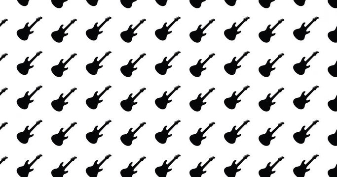 Illustrated electric guitar background video clip motion backdrop video in a seamless repeating loop. Black & white  musical instrument icon rock guitars pattern white background high definition video