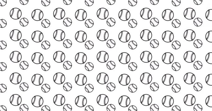 Baseball icons background clip motion backdrop video in a seamless repeating loop.  Black and white sports themed baseballs icon pattern background high definition motion video clip