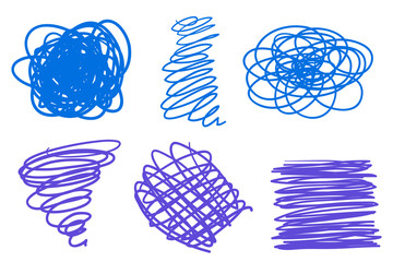Backgrounds with array of lines. Intricate chaotic textures on white. Wavy backdrops. Hand drawn tangled patterns. Colorful illustration. Sketchy elements
