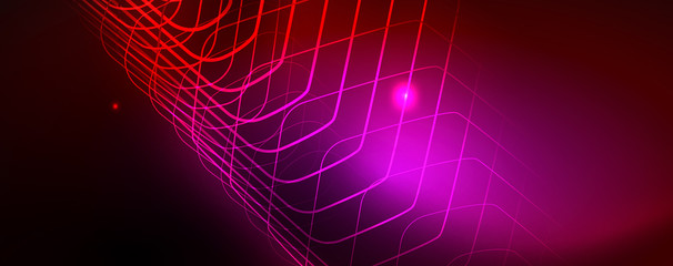 Neon glowing techno lines, hi-tech futuristic abstract background template, vector