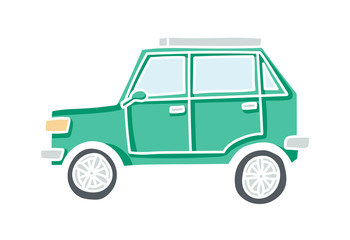 Cute illustration of a doodle car. Pastel colored vector auto with white outline.