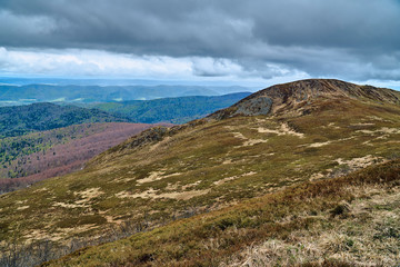 A beautiful panoramic mysterious view of the forest in the Bieszczady mountains (Poland) on a misty rainy spring May day, nature is lonely - without people