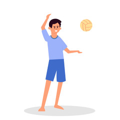 Summer Activities and Sport on Beach Flat Cartoon. Happy boy Play Volleyball Throwing Ball, Happy Smiling Men, Having Fun on Tropical Island. Vector Isolated Illustration 