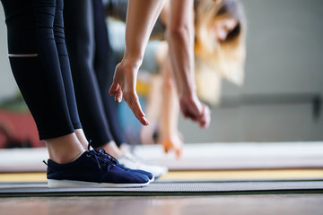 Flexibility, activity, yoga, pilates, warming up concept. Women hands stretching to toecaps on group workout