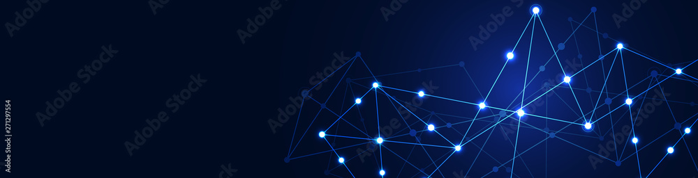 Fototapete Website header or banner design with abstract geometric background and connecting dots and lines. Global network connection. Digital technology with plexus background and space for your text.