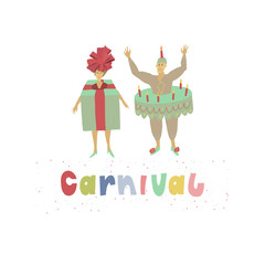 Man and woman dressed in funny carnival costumes of gift box and cake . Multicolor caption with festive confetti from below