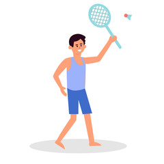 man playing badminton flat vector illustration. Cheerful people on sand beach. Friendly competition on sea shore. Active summer leisure 