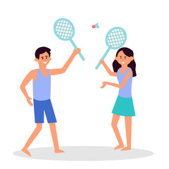Couple playing badminton flat vector illustration. Husband and wife with tennis racquets cartoon characters. Cheerful people on sand beach. Friendly competition on sea shore. Active summer leisure 