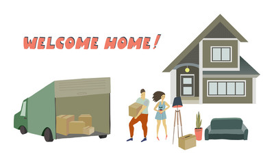 Man and woman carrying things before the house . Cardboard boxes in and out of the lorry . Removal into a new house