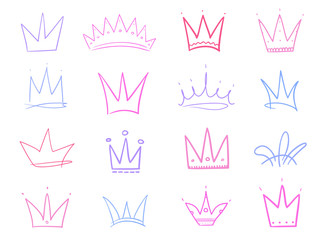 Set of abstract multicolored crowns on isolated white. Signs for design. Hand drawn simple objects. Colorful illustration. Sketchy elements
