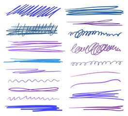 Hand drawn colorful underlines on white. Stroke chaotic patterns. Colored illustration. Sketchy elements for design