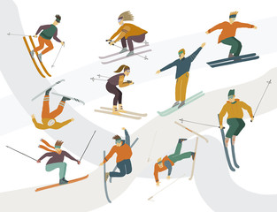 Fototapeta na wymiar People skiing Men and women in motion