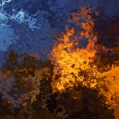abstract stained pattern texture square background orange flame under dark sea blue color - modern painting art - watercolor splotch effect