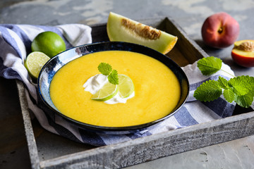 Summer fruit soup with Galia melon and peaches