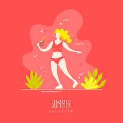 Cute girl in a swimsuit and on rollers with a coconut cocktail walks on the tropical beach. Vector card in flat linear style.