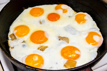 Eggs in a frying pan during cooking_